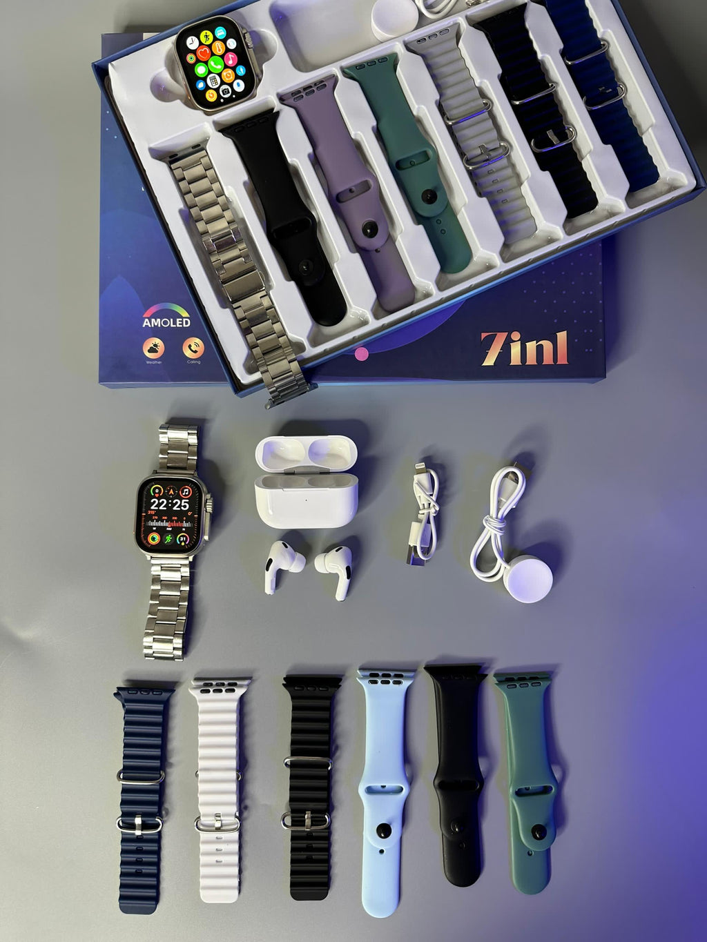 Montre Connectée A200 AMOLED – Coffret 7 Bracelets + Écouteurs Airpod